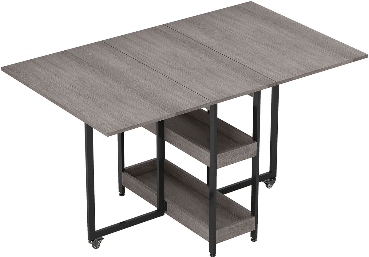 Homona Klapbare eettafel - Met opbergvakken en wielen - 133,4 x 80 x 75 cm - Grijs