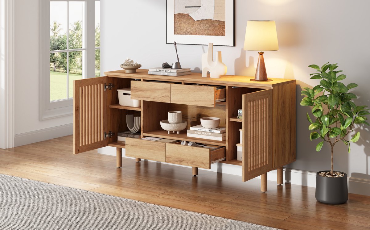 MIVRAY Dressoir - Modern Sideboard Met 4 Laden En 2 Lamellendeuren - Voor Woonkamer Eetkamer Hal - MDF - 140x35x71 Cm - Natuurlijke Houtkleur Naturel