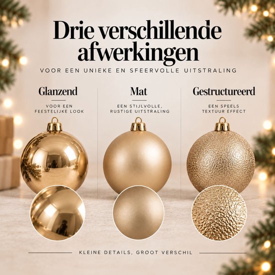 Drie verschillende afwerkingen voor kerstballen: glanzend, mat en gestructureerd, voor een sfeervolle uitstraling.