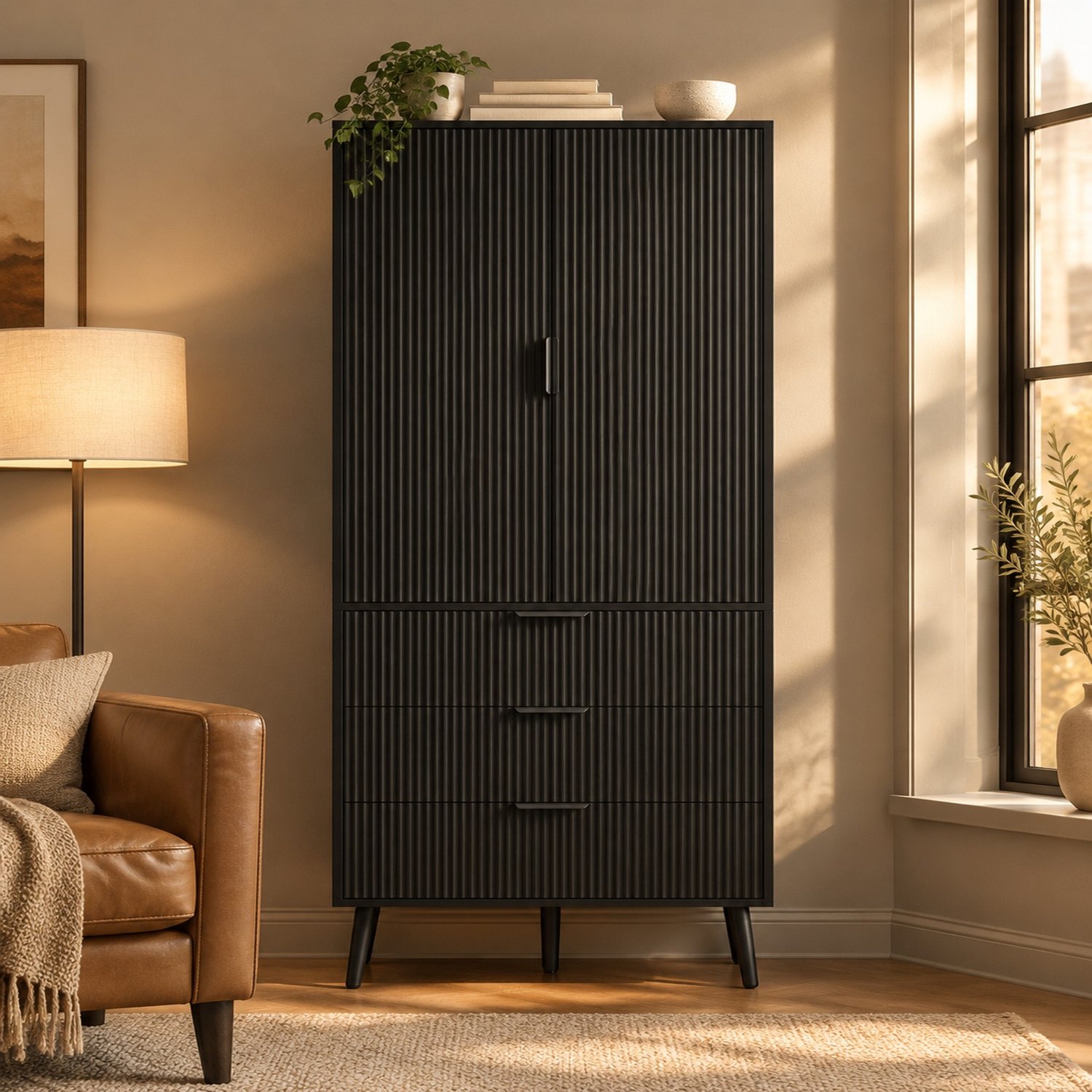 MODENUIT Keukenkast - Hoge Kast Met 2 Deuren En 3 Laden - Voor Keuken En Eetkamer - MDF - Zwart - 75x35x180 Cm
