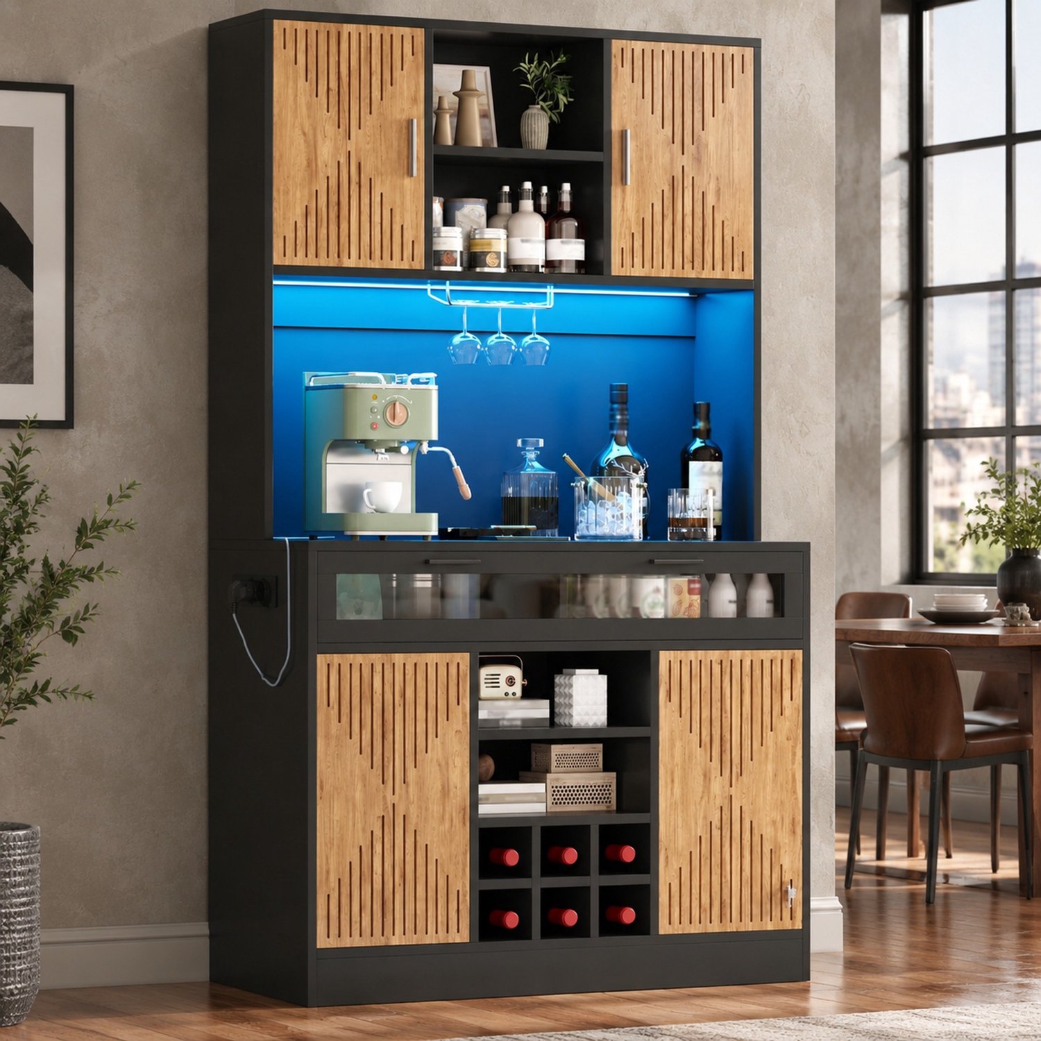 MODENUIT Keukenkast - RGB-led, Stopcontact En Glazen Klapdeur - Keuken - MDF - 105x40x180 Cm - Naturel