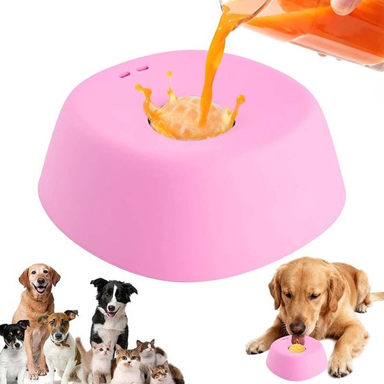 Roze anti-knijpbak, oranje vloeistof wordt erin gegoten, met groepjes honden en katten eromheen.