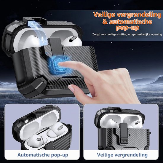 Hoes voor AirPods Pro 2 (2023/2022/2019), Beschermhoes Cover voor AirPods Pro 2e/1e Generatie (USB-C/Lightning), Schokbestendige TPU + PC Case met Karabijnhaak, Zwart — afbeelding 4