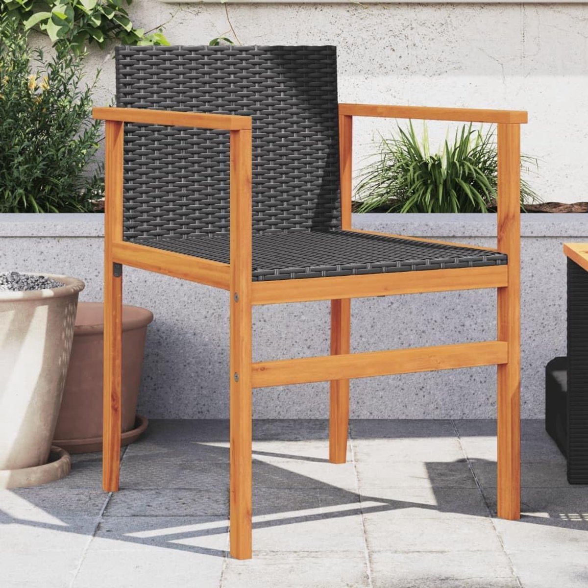 2 stuks, zwart, polyrotan en massief hout, terrasstoelen voor gazons