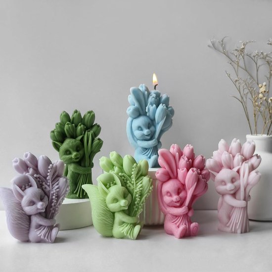 Houdt bloem kaarsvorm gipsvorm epoxyhars gietvorm 3D eekhoorntje houdt tulpen siliconen vorm voor fondant, taartdecoratie, chocolade, sojawas kaarsen, zeep, gips, handwerk (eekhoorn) — afbeelding 4