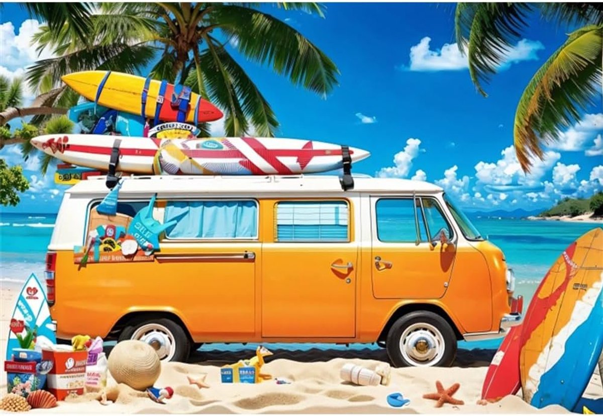8x6ft Hawaii Beach Party Achtergrond Oranje Caravan en Surfplank Lucht Oceaan Wolken Palmbladeren Fotografie Achtergrond voor Vakantie Party Decoraties Fotoshoot Achtergrond Foto Banner