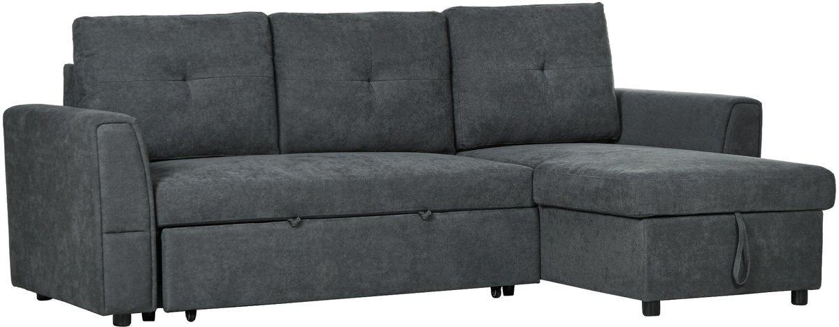 Homona Slaapbank met chaise longue - Met opbergruimte en 3 rugkussens - 232 x 141 x 85 cm - Donkergrijs