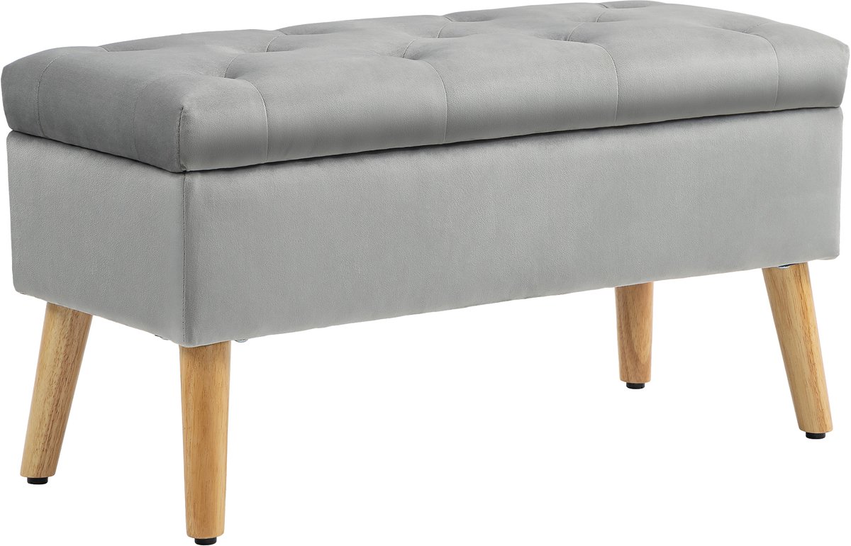 Homona Zitbank met opbergruimte - Met fluweelzachte bekleding en houten poten - 80 x 35 x 42 cm - Grijs