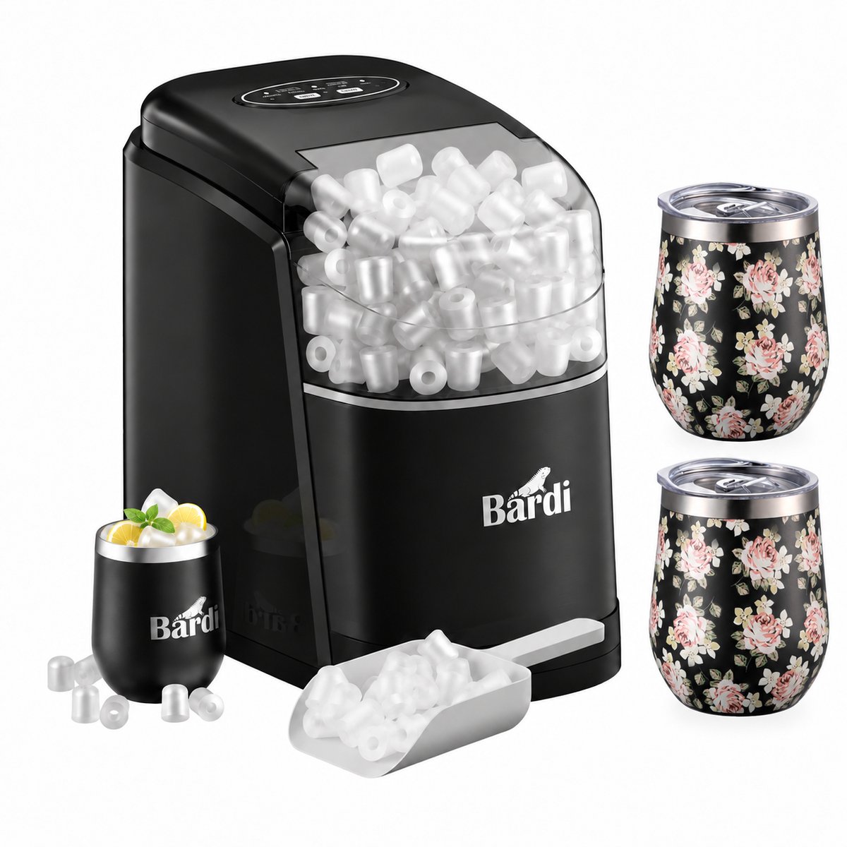 Bardi IJsblokjesmachine Set - 1.6L Zwart - Zelfreinigingsfunctie - IJsblokmaker met IJsschep -met IJsschep - Inclusief Luxe 3 Thermosbekers en Ijsschep- Bloemetjes