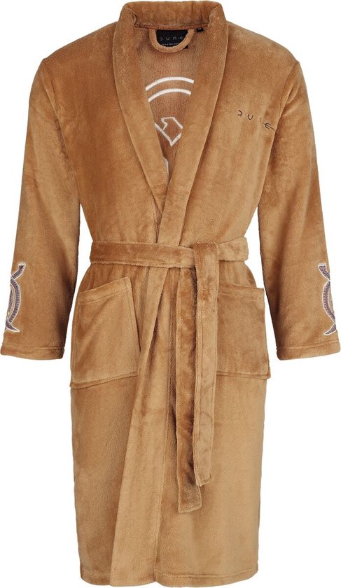 Bruine fleece badjas met ceintuur, zakken en 'dune' logo op de borst.