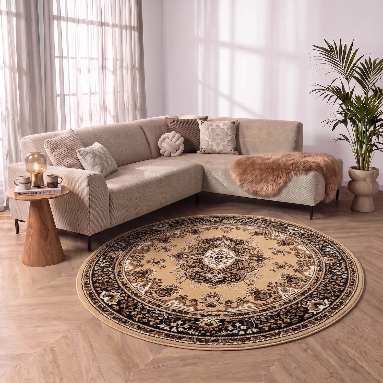 flycarpets Klassiek Beige Rond Vloerkleed Tabriz - Oosters motief - Perzisch Tapijt - Ø160 cm