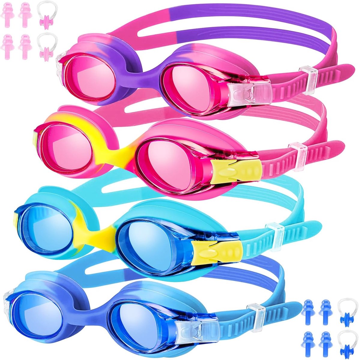 Goggles voor kinderen 4-14, 4/1 Pack Anti Fog Zwembril met UV-bescherming, Kinderen Zwembril Lekbestendig