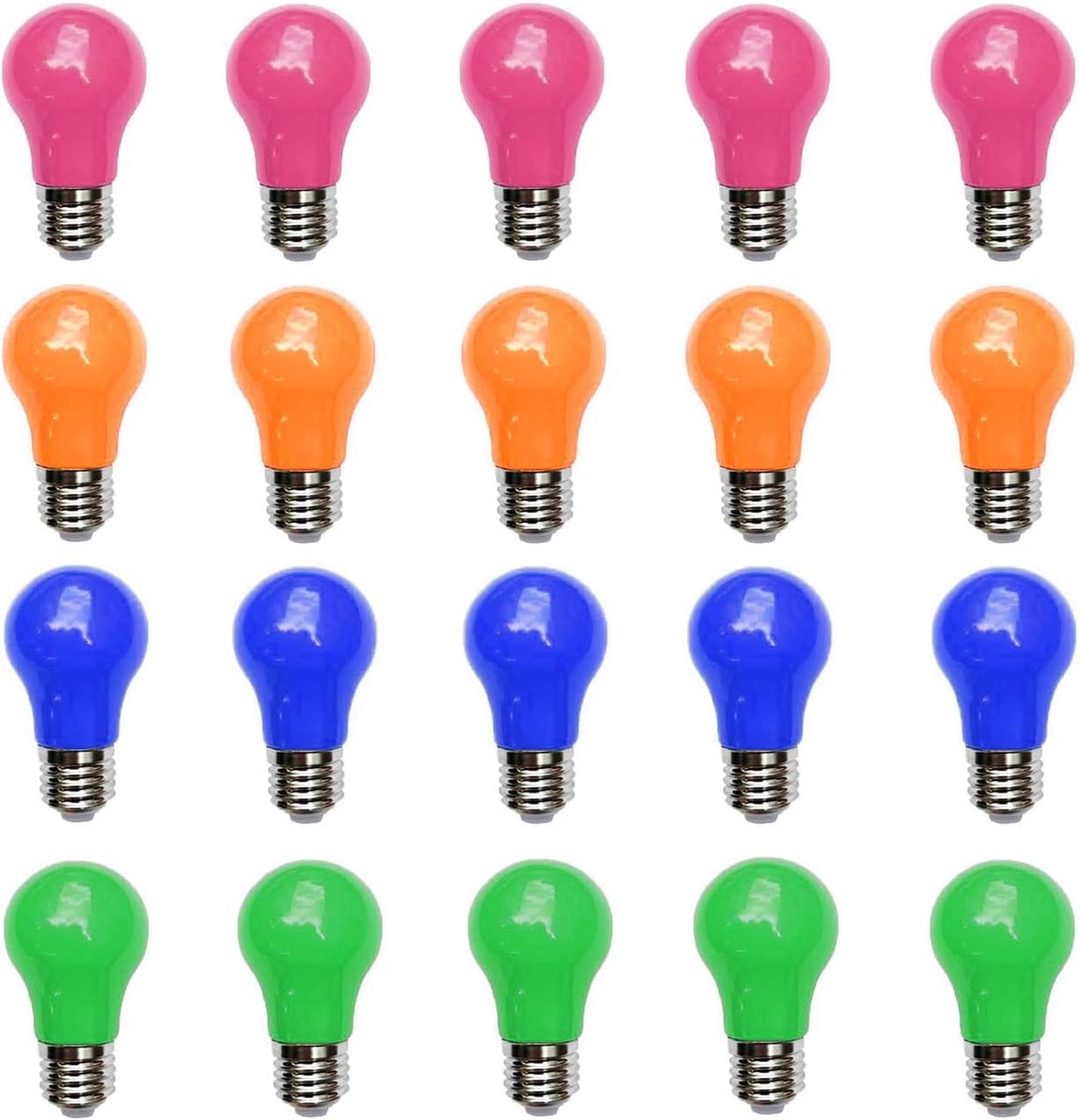 3 W gekleurde led-gloeilamp, E27, A50, schroefkap, gloeilamp voor bruiloft, Halloween, kerstfeest, energie-efficiënt, 20 stuks (roze, oranje, blauw, groen)