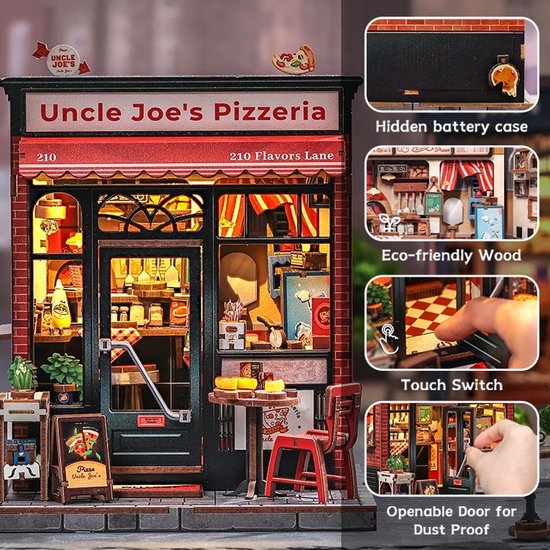 Miniatuur 'Uncle Joe's Pizzeria' met details zoals een verborgen batterijvak, milieuvriendelijk hout en een open deur.