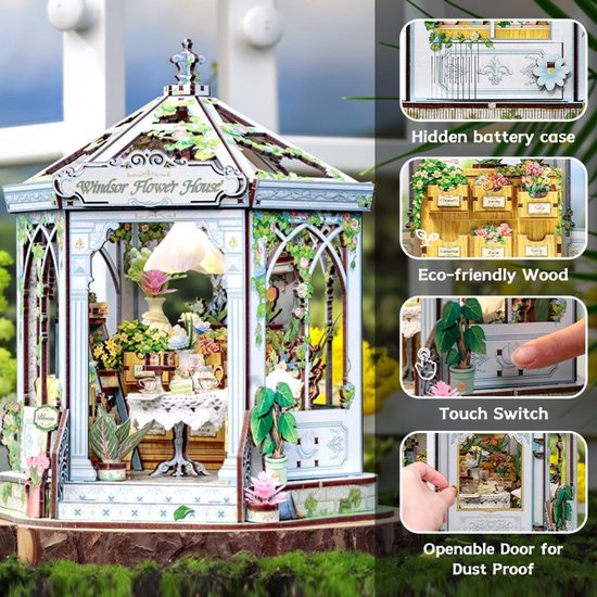 Miniatuur 'Windsor Flower House' in een tuinsetting met details over batterijkast en deursluiting.