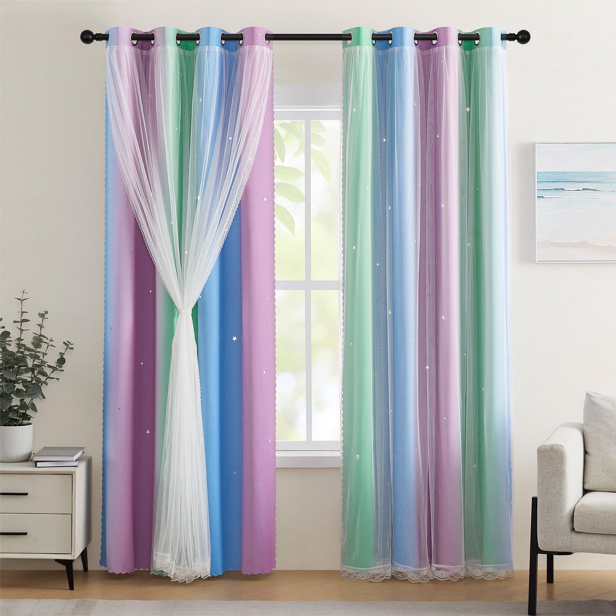 XiDi Smalle sterrenperforatie verduistering thermo - groen-blauw-paars, 86 x 160 cm, voor kleine ramen met lichtspel - ShopVlot