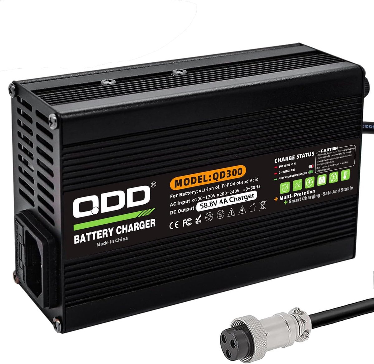 QDD Charger 58.8 V 4 A Li-Ion 52 V Aluminium Black Housing with Cooling Fan Output GX16 3 Pin Socket Used for Lithium - ShopVlot