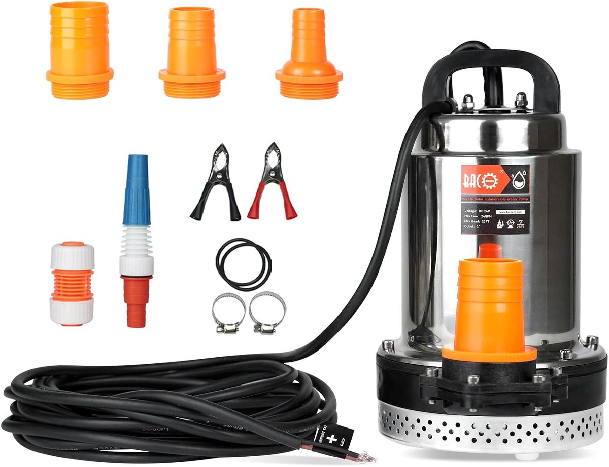 BACOENG DC 24V Dompelpomp op zonne-energie met 3 connectors, geschikt voor het pompen van schoon en vuil water - ShopVlot