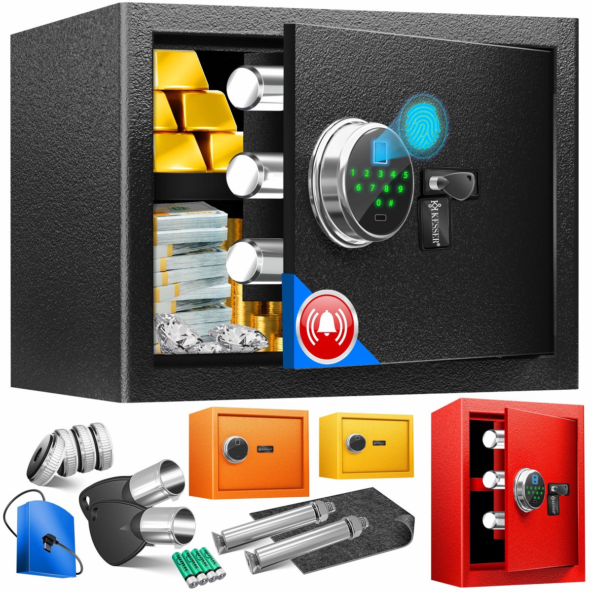KESSER® Elektronische kluis met vingerafdruk en sleutel - Cijferslot en noodaccu - Zwart maat L