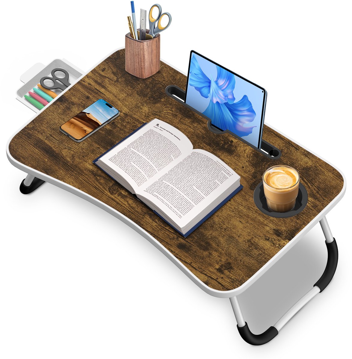 Arvioo‑Opvouwbaar‑laptoptafel‑houtlook‑met‑tablethouder‑bekerhouder‑lade