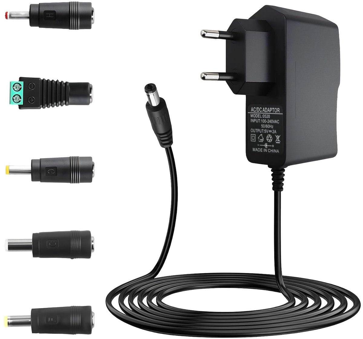 5 V 2 A netadapter, voeding AC/DC, adapter 110-240 V, 50-60 Hz + 5 stekkers
