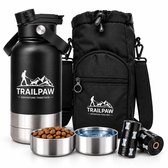 TRAILPAW 5-in-1 Adventure Set Hond – Drinkfles & Thermosfles 1000 ml – Waterbak en Voerbak – Draagtas – 30 Poepzakjes – Honden Wandelset voor Onderweg – RVS