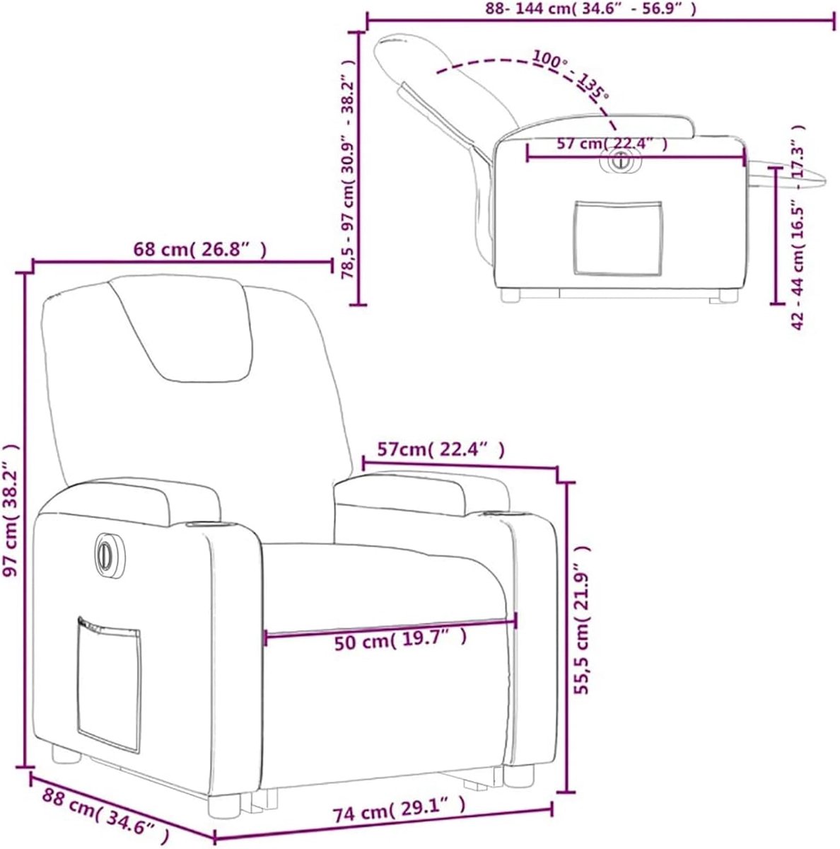 Relaxstoel met opstahulp en ligfunctie, stof (100% polyester), lichtgrijs, 74 x 88 x 97 cm, voor senioren en volwassenen