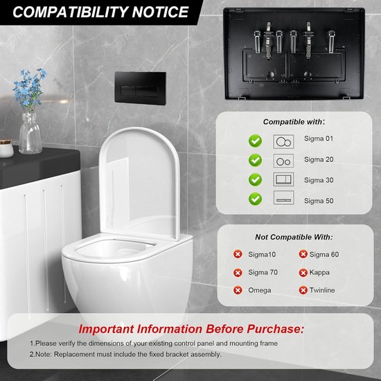 Toiletbedieningselement voor Sigma Serie - Dubbele spoelplaat, Geluidsarm, Waterbesparend, Inclusief bevestigingsmateriaal en schroeven, Zwart — afbeelding 2
