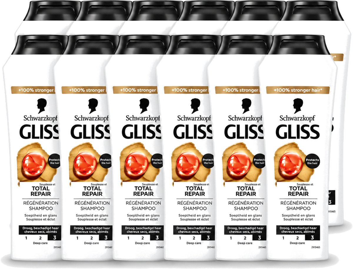 12 x Gliss - Shampoo - Total Repair - Voor Intensief Haarherstel - 250 ml - Voordeelverpakking - 12 stuks