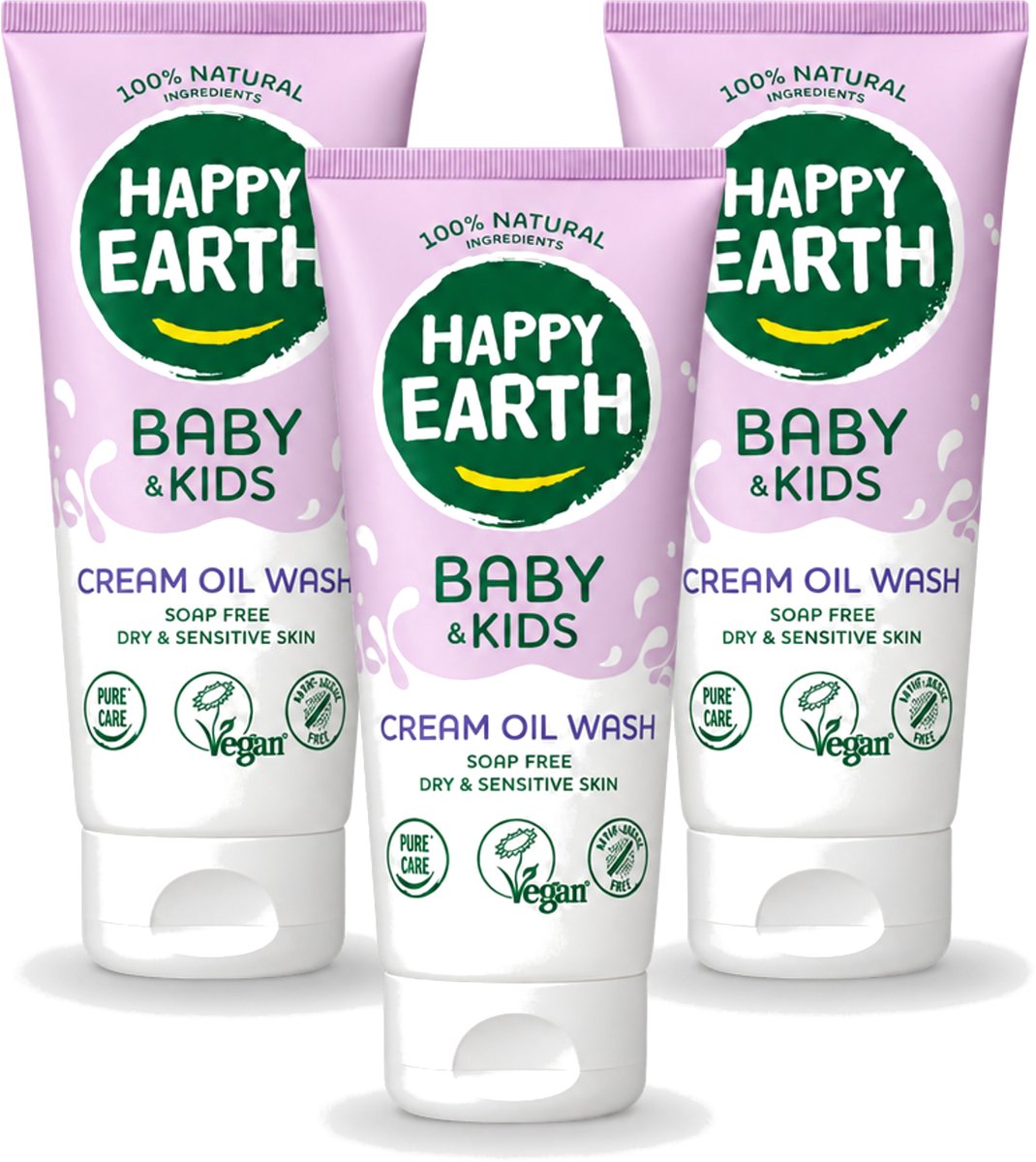 3 x Happy Earth – Cream Oil Wash – 100% Natuurlijk Baby & Kids – 200 ml - Voordeelverpakking - 3 stuks