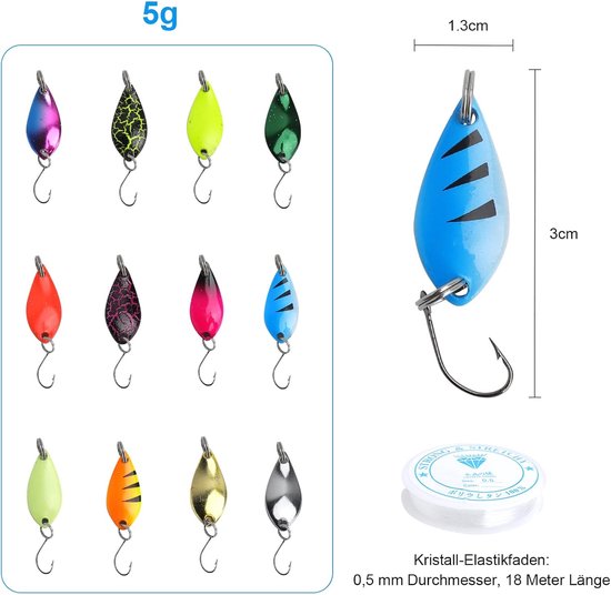 Trout Fishing Spoon Set 12pcs - Luminous Coating - Flitsende Kleuren - Ideaal voor Zoet- en Zoutwater - ShopVlot — afbeelding 5