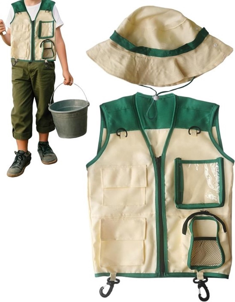 Kinderavontuurjas - verkennerset - voor buitenspelen - inclusief hoed - 48 cm lang - groen