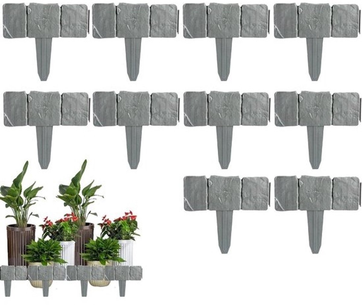 Decoratieve tuinomheining - Kunststenen randen - Tuin afscheiden - Gereedschapsvrij plaatsen - 10 stuks - Grijs