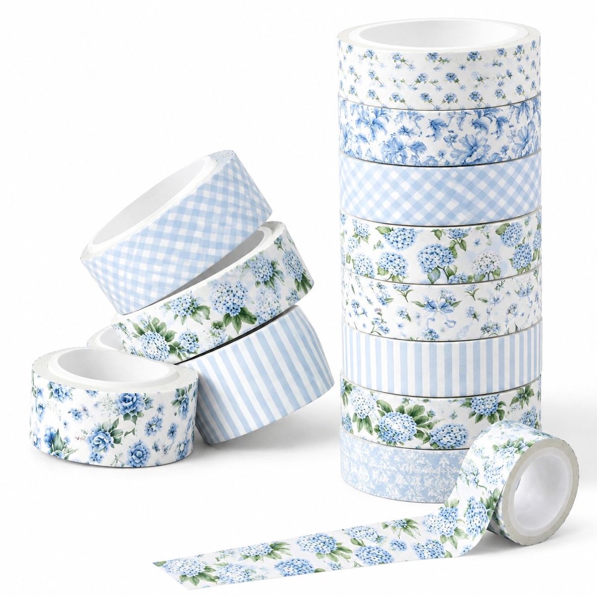 VHV - Masking tape set bloemen - Zelfklevende tape - 12 rollen x 5 m - Blauw - Washi tape set - Masking tape flowers - voor scrapbook