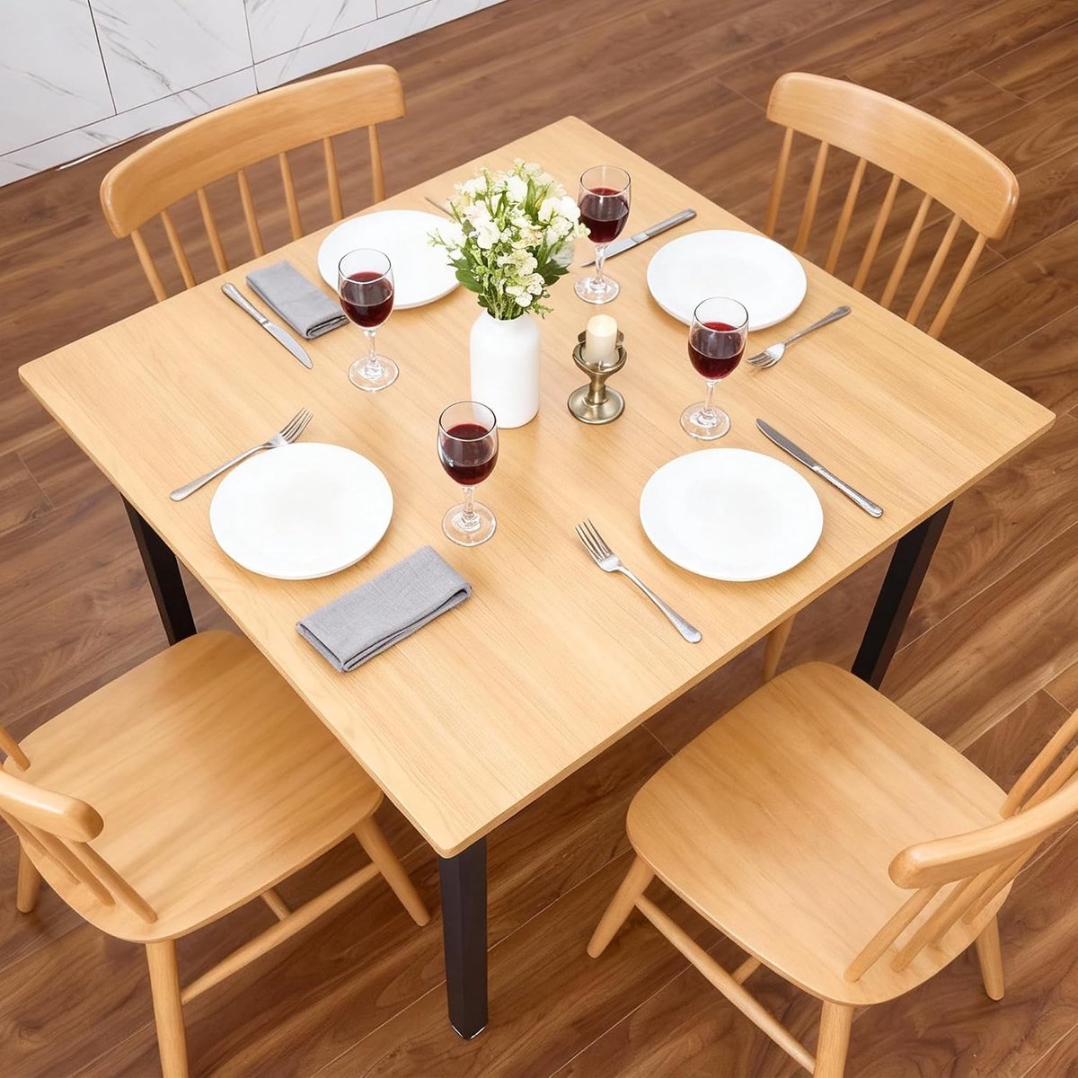 Ronde eettafel voor 4 personen, eettafel, 100 cm, keukentafel, klassieke stijl, met blad in houtlook en metalen tafelpoot (vierkant)