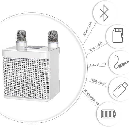 Draadloze Karaoke Microfoons Bluetooth Luidspreker met 2 Draadloze Microfoons voor Zingen, Draagbaar Geluidssysteem voor Feesten, Activiteiten, Bluetooth Ondersteuning, AUX, USB/TF (Wit) van Merkloos — afbeelding 2