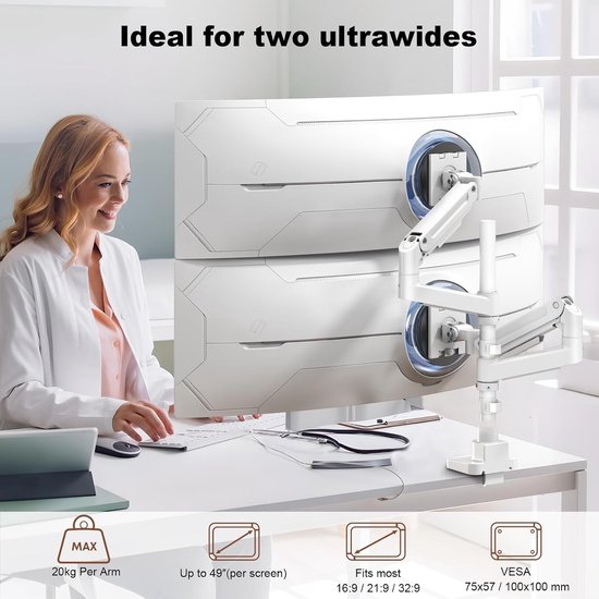 Zware Dubbele Monitorarm voor 17-49" Schermen - Verticaal Gestapelde Monitorsteun voor Ultrawide Displays tot 20kg, Aluminium, Volledige Beweging, VESA 75/100mm, Wit en Ergonomisch Ontwerp — afbeelding 5