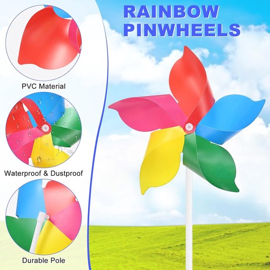 Set van 10 Vijfbladige Regenboog Windmolens van 9,4 Inch - Kleurrijke Tuindecoraties voor Buiten, Feestjes en Speelgoed Windspinner — afbeelding 5