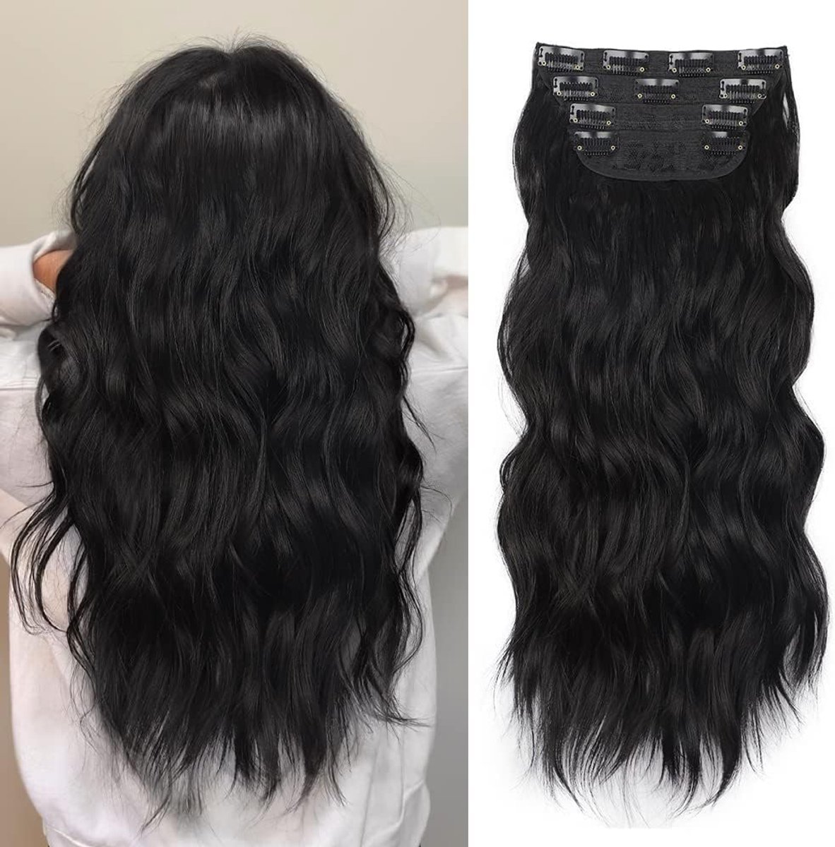 Clip in hairextensions golvend - 4 stuks zwart - natuurlijk vallend haar - meer volume en lengte - ShopVlot
