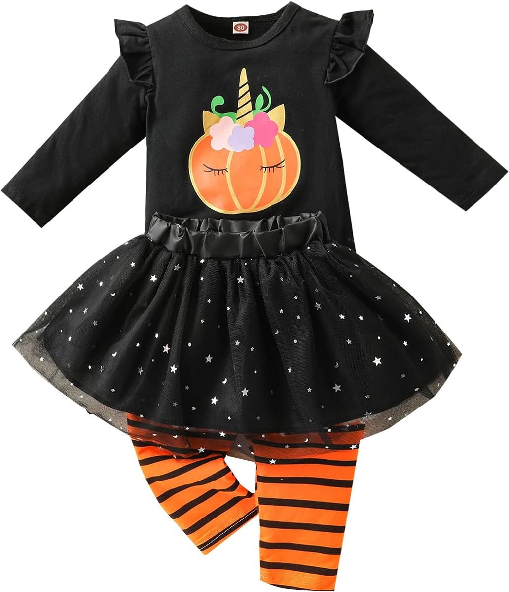 Verve Jelly Baby Girl Halloween Clothes Ruffle Long Sleeve Pumpkin Tops Tulle Tutu Skirt Striped Long Pants Toddler - ShopVlot
