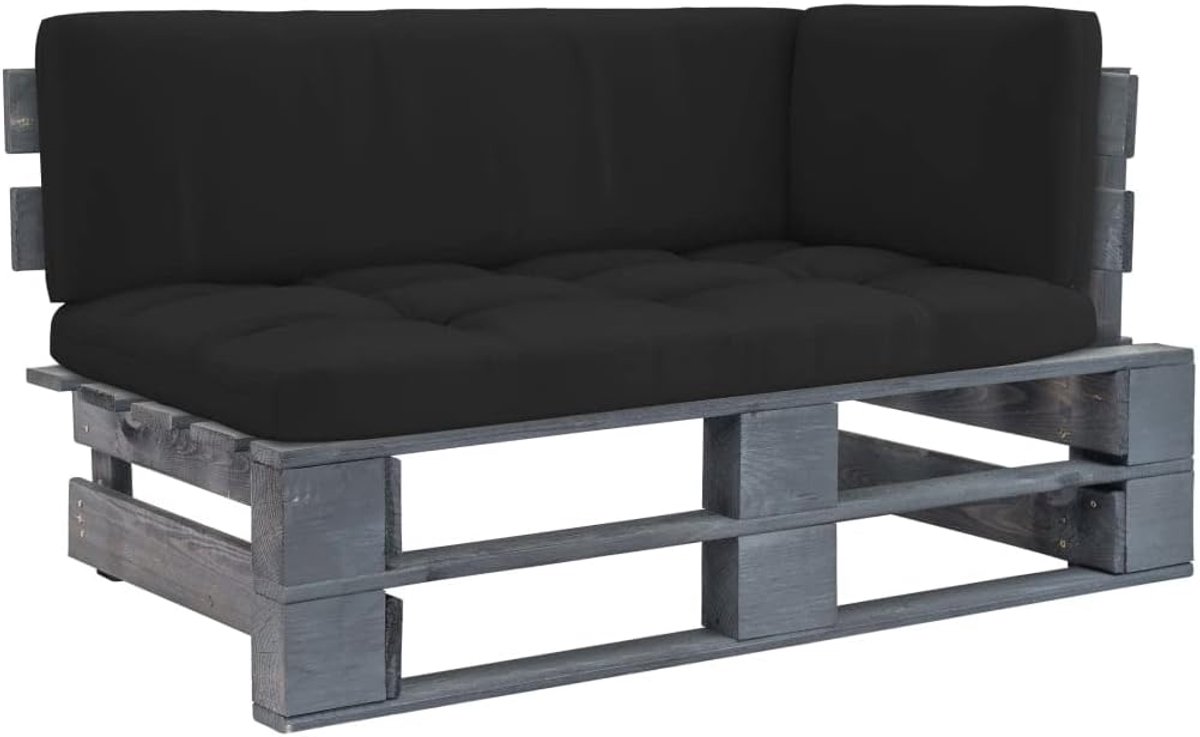 Pallethoekbank van geïmpregneerd grenenhout, modulair design voor terras en tuin, inclusief kussens, grijs