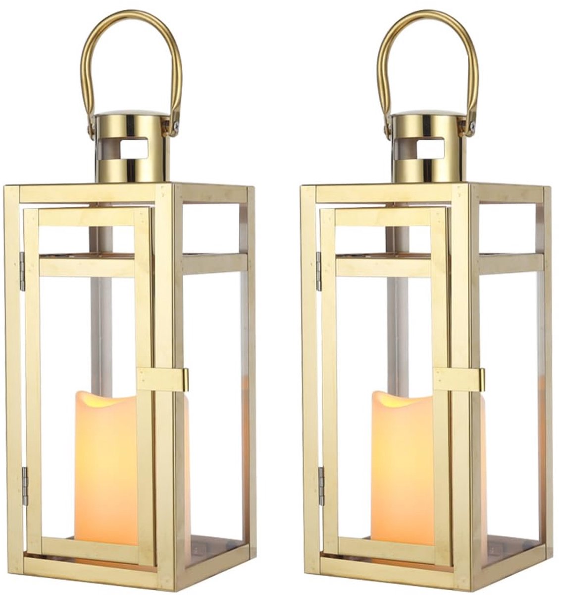 TRIROCKS Set van 2 roestvrijstalen decoratieve lantaarn 30 cm hoge metalen kandelaar buiten kaars lantaarn met gehard - ShopVlot