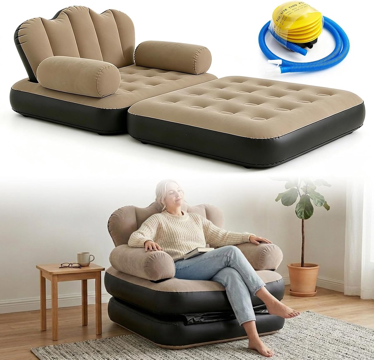 Opblaasbare slaapbank, 2-in-1, met voetpomp, luchtbank om te zitten en te slapen, gevlokt pvc, tot 150 kg, opvouwbare stoel voor gasten, camping en camper (koffiebruin)