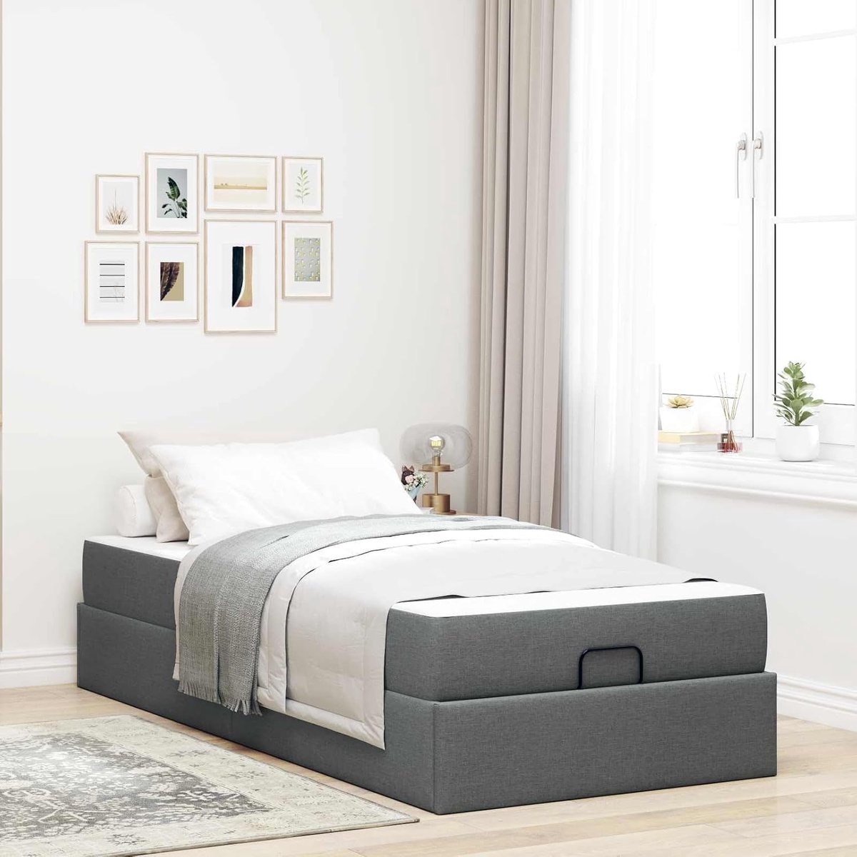 Bedframe met matras, 2 stuks, donkergrijs, stof, modern slaapkamerdesign met opbergruimte en middelhard schuimmatras voor optimaal comfort
