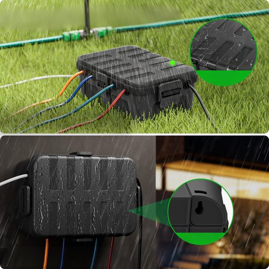 Zwarte, weerbestendige behuizing in de regen, gemonteerd aan een muur, met close-up van bevestigingsgat.