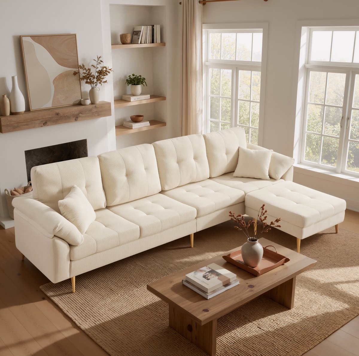 OKWISH Hoekbank 250 Cm – 4-Zits Ribstofbank Met Losse Hocker – Flexibel Links Of Rechts – Woonkamer – Ribstof – Lichtbeige