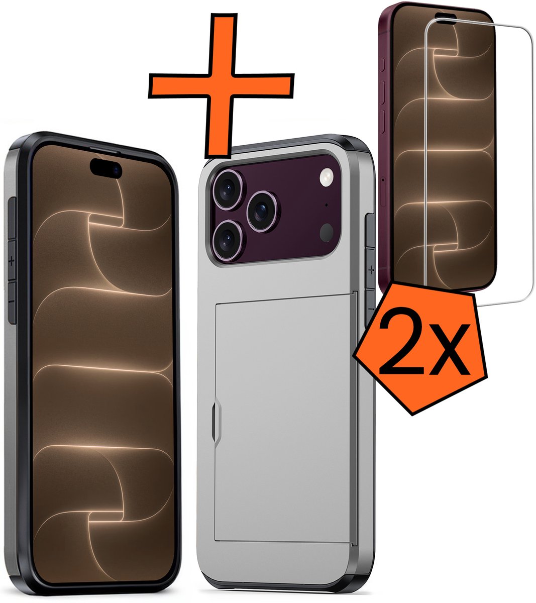 Hoesje Geschikt voor iPhone 18 Pro Hoesje Pasjeshouder Shockproof Hard Case Met 2x Screenprotector - Hoesje Geschikt voor iPhone 18 Pro Hoes Met Kaarthouder - Grijs