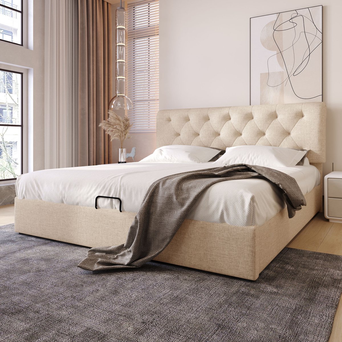 AURA LUMEN Gestoffeerd bed-Tweepersoonsbed-160x200 cm-Hydraulisch bed-Bed met hoofdbord-Natuurlijk