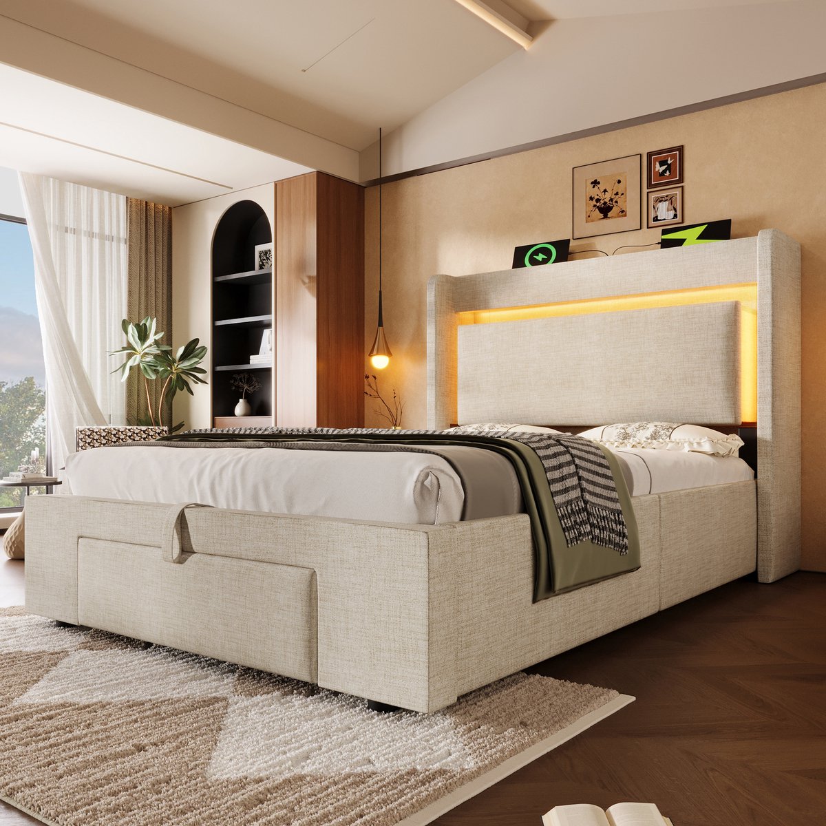 AURA LUMEN Gestoffeerd bed Eenpersoonsbed 90 x 200 cm met hydraulisch opbergbed - LED-verlichting - USB en USB-C - Kopfteil - Beige
