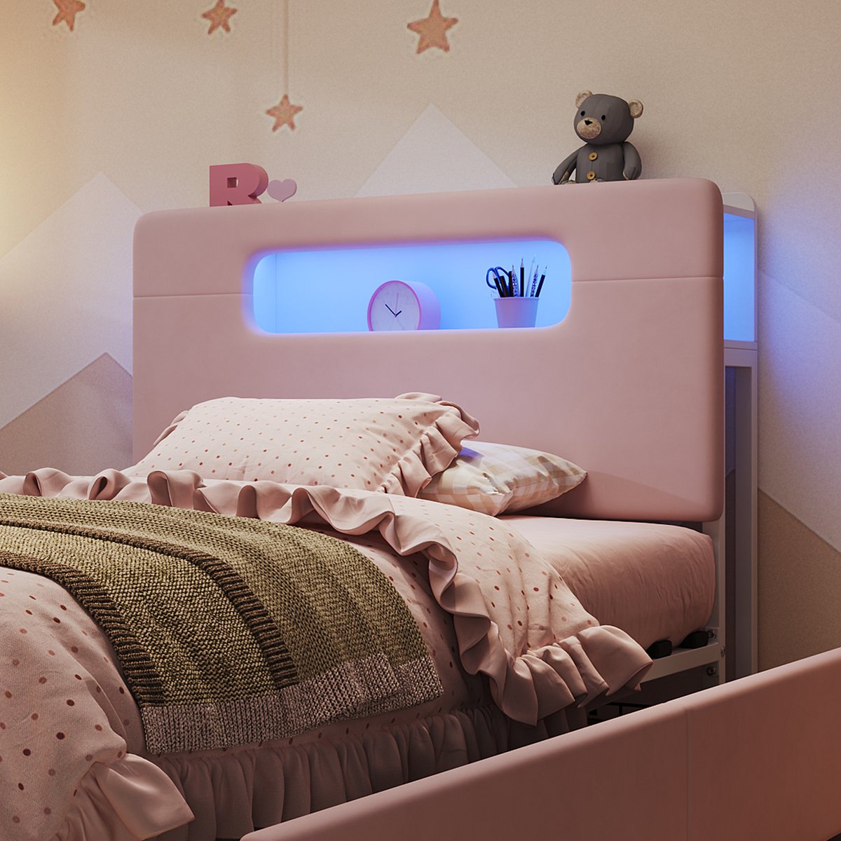 AURA LUMEN Gestoffeerd bed Eenpersoonsbed 90 x 200 cm met opbergruimte LED-bed met app-sturing en kopdbord roze